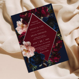 Burgundy Blush Dark Navy Floral Silver Wedding Invitation