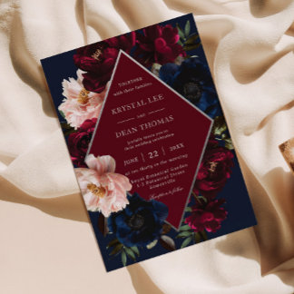 Burgundy Blush Dark Navy Floral Silver Wedding Invitation