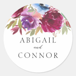 Burgundy Blush Dusty Blue Elegant Floral  Classic Round Sticker