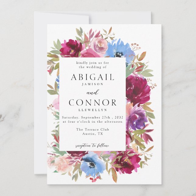 Burgundy Blush Dusty Blue Elegant Floral Invitation (Front)