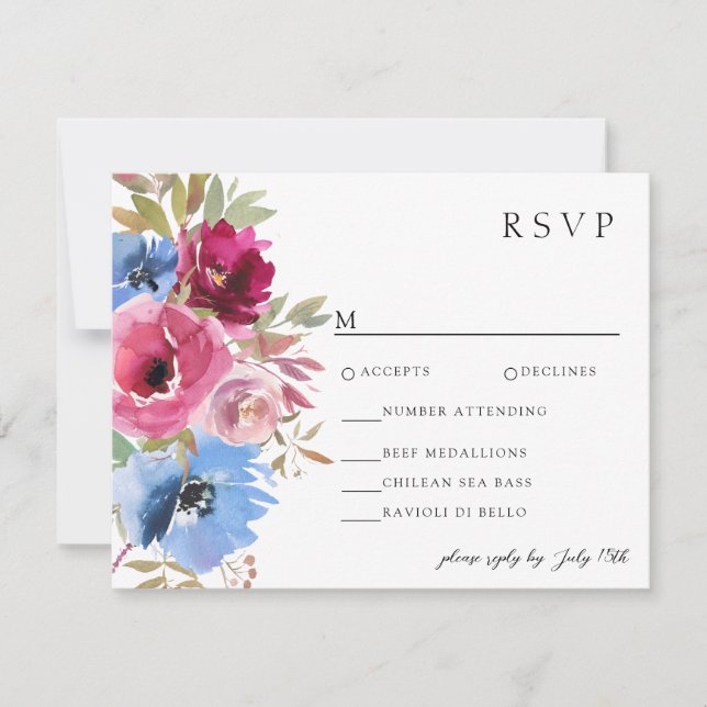 Burgundy Blush Dusty Blue Elegant Floral RSVP Card (Front)