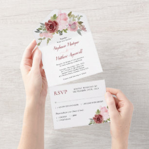 Burgundy Blush Dusty Pink Floral Wedding All In One Invitation