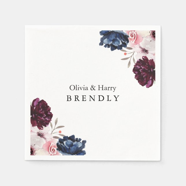 Burgundy Blush Elegant Floral Wedding Napkin (Front)