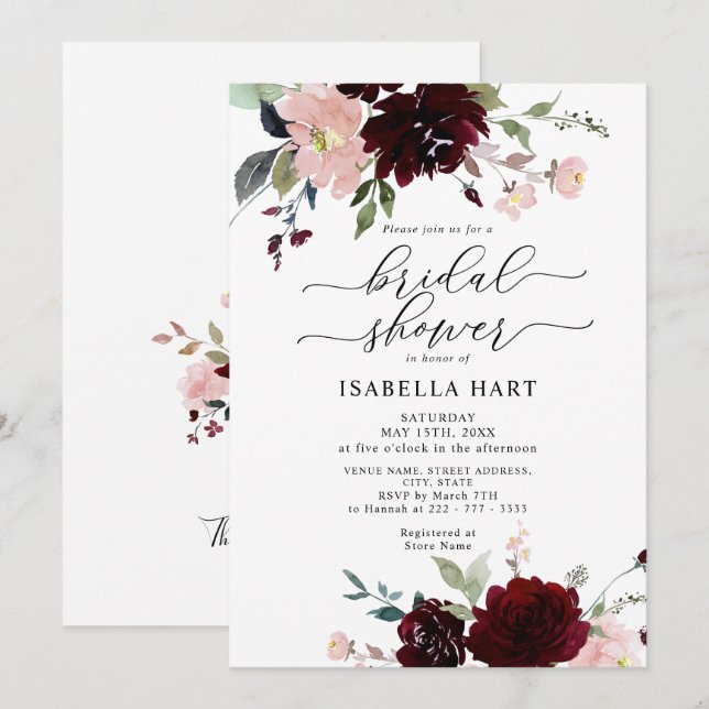 Burgundy Blush Elegant Floral Wine Bridal Shower Invitation (Front/Back)