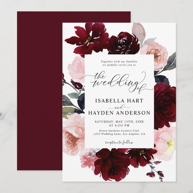 Burgundy Blush Elegant Marsala Pink Floral Wedding Invitation (Front/Back)