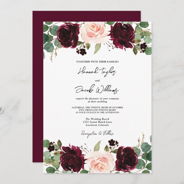 Burgundy Blush Eucalyptus Wedding Invitation (Front/Back)