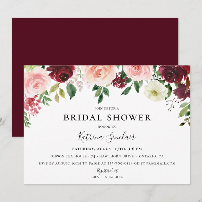 Burgundy Blush Fall Floral Bridal Shower Invitation (Front/Back)