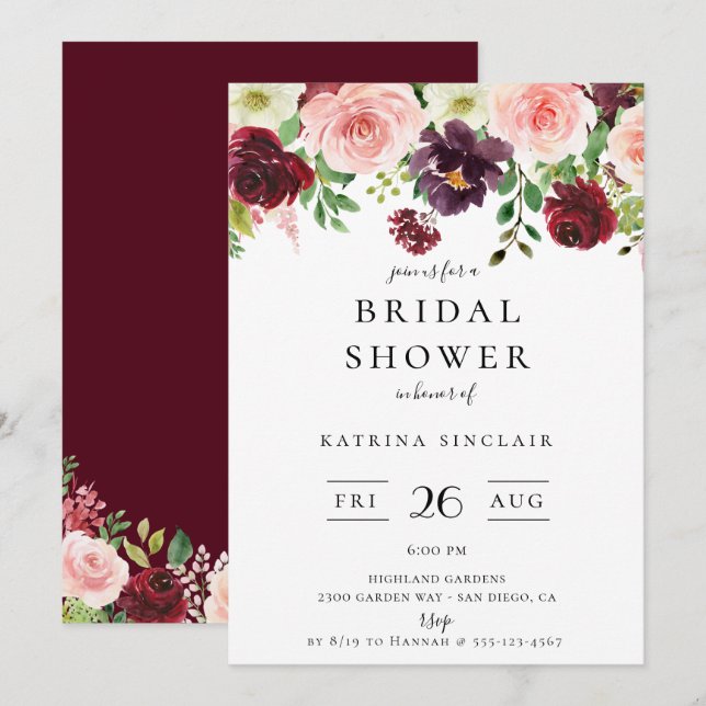Burgundy Blush Fall Floral Bridal Shower Invitation (Front/Back)