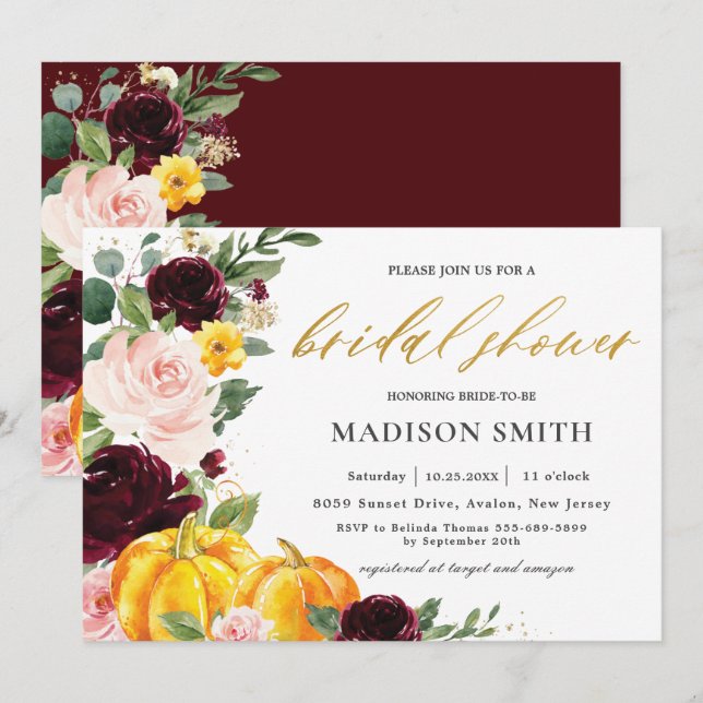 Burgundy Blush Fall Floral Pumpkins Bridal Shower Invitation (Front/Back)