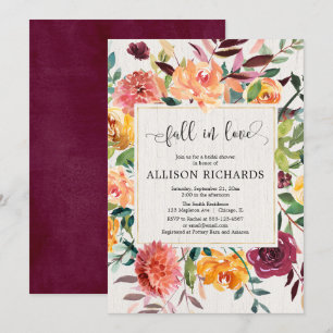 Burgundy blush fall in love elegant bridal shower invitation