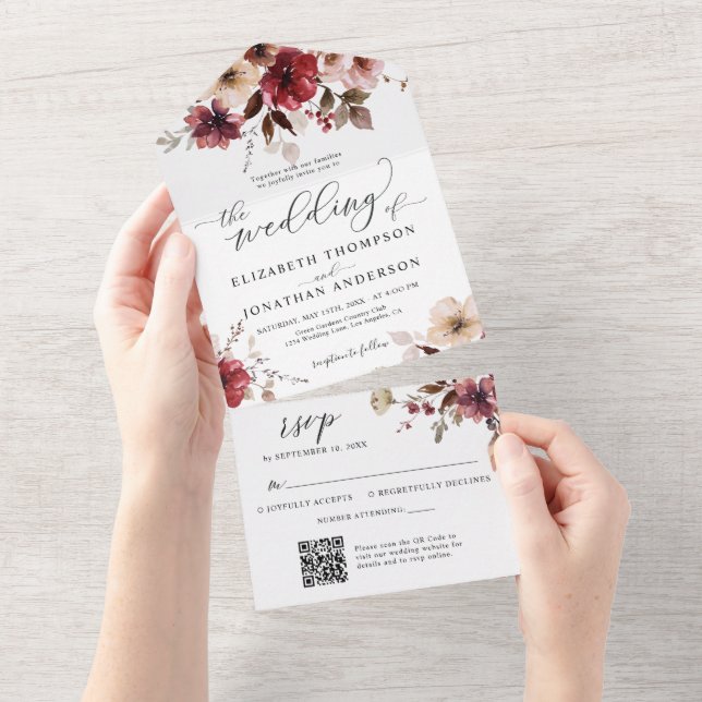 Burgundy Blush Fall Wedding Details QR Code RSVP All In One Invitation (Tearaway)