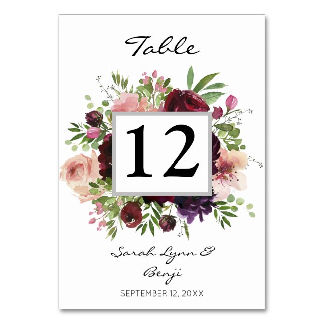 Burgundy & Blush Floral 2 Table Number (Front)