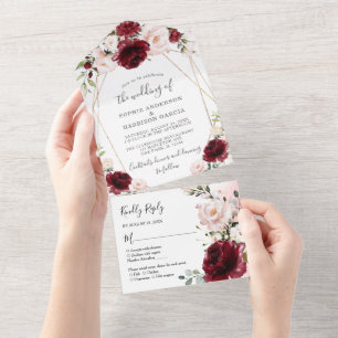 Burgundy Blush Floral And Gold Geometric Wedding All In One Invitation
