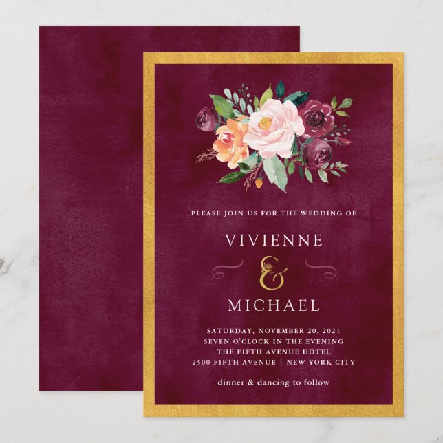 Burgundy Blush | Floral and Gold Wedding Invitation (Front/Back)