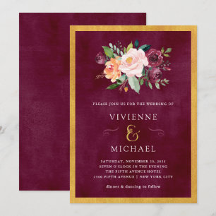 Burgundy Blush   Floral and Gold Wedding Invitation
