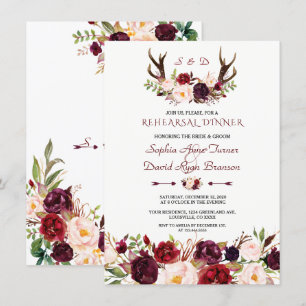 Burgundy Blush  Floral Antlers Rehearsal Dinner Invitation