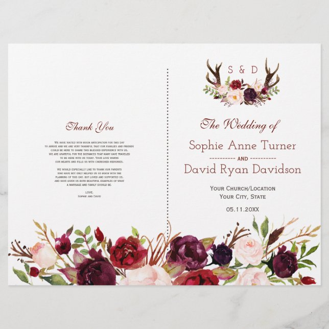 Burgundy Blush Floral Antlers Wedding Program Flyer (Front)