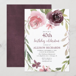 Burgundy blush floral any age adult birthday party invitation