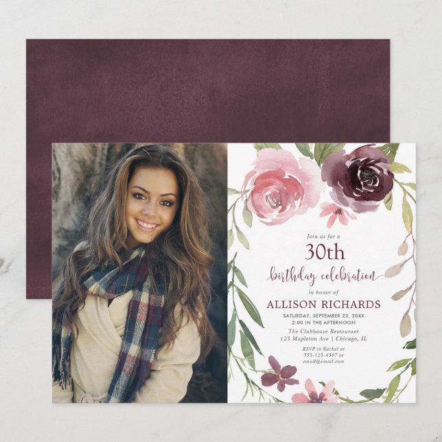 Burgundy blush floral any age adult birthday photo invitation (Front/Back)