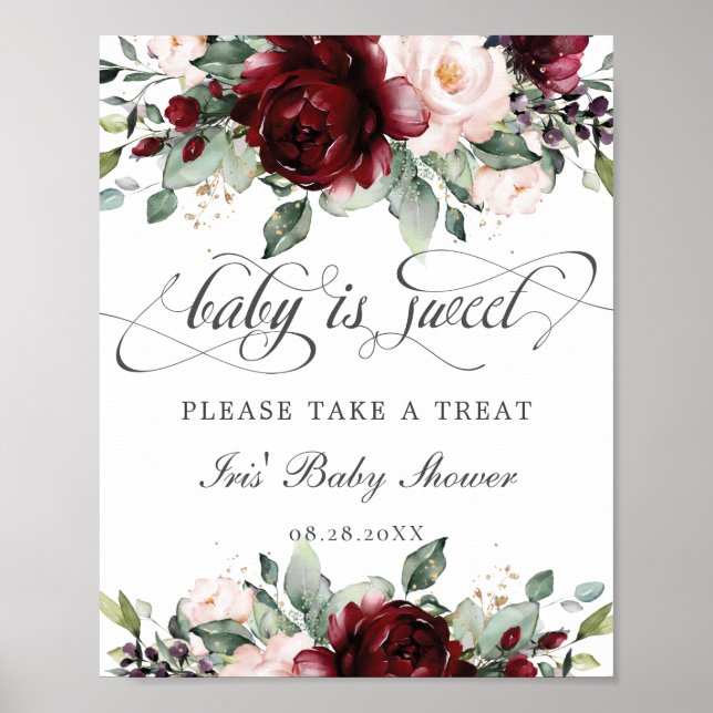 Burgundy Blush Floral Baby is Sweet Take a Treat Poster (Front)