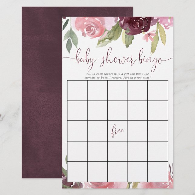 Burgundy blush floral baby shower bingo cards (Front/Back)