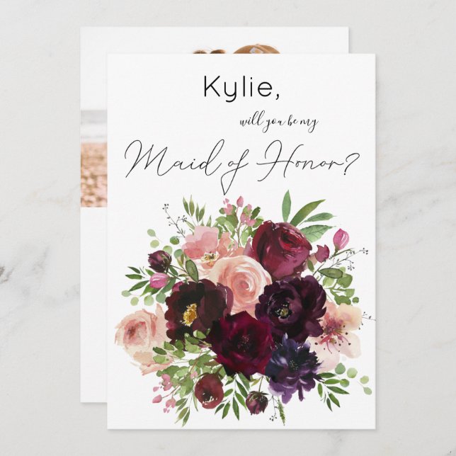 Burgundy & Blush Floral Be My Maid of Honour? Phot Invitation (Front/Back)