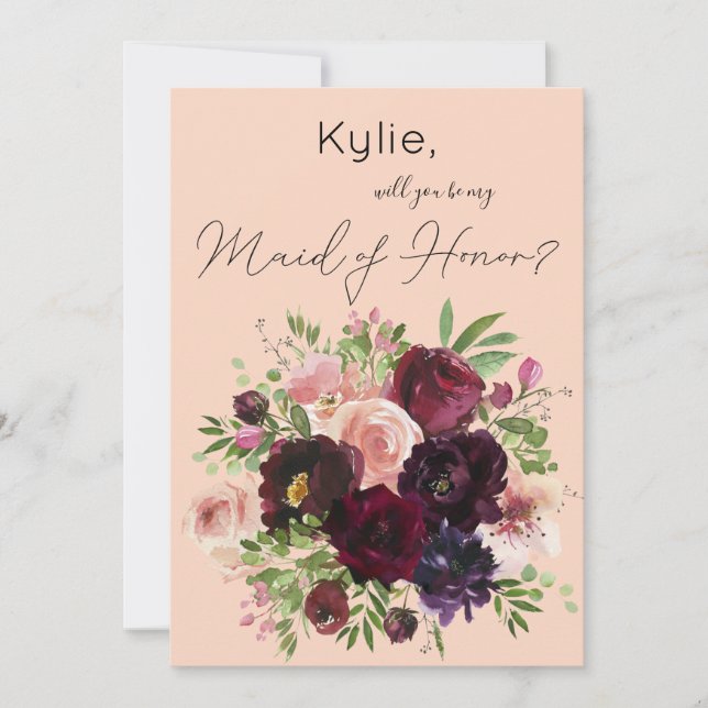 Burgundy & Blush Floral Be My Maid of Honour? Pink Invitation (Front)