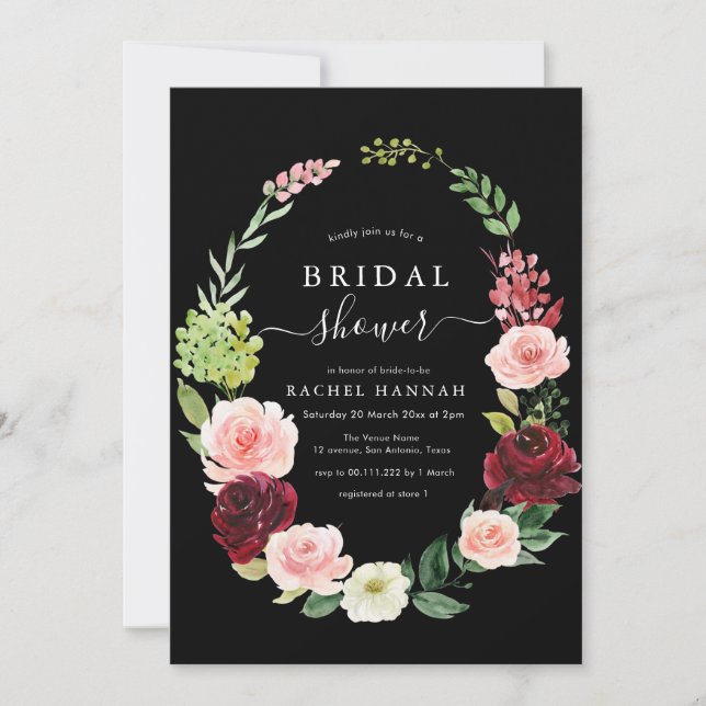 burgundy blush floral black bridal shower invitation (Front)