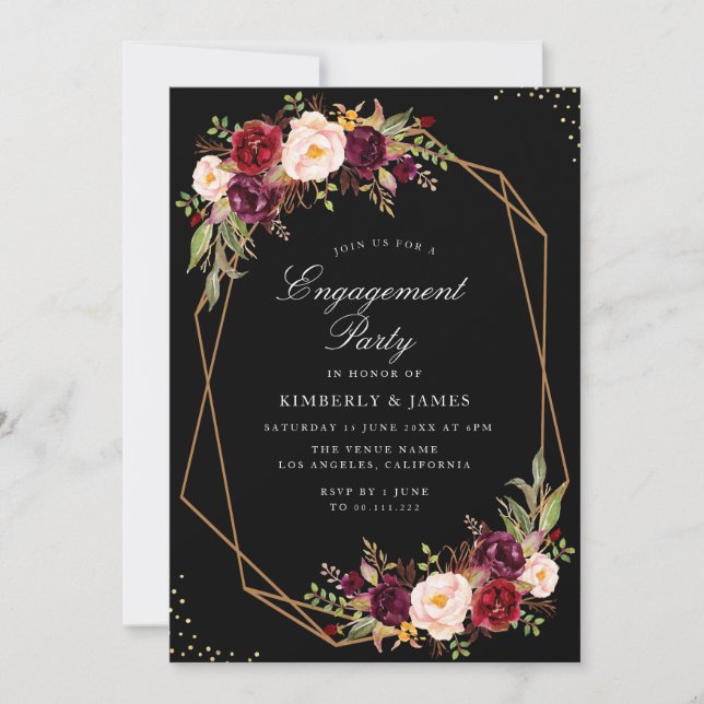 Burgundy & blush floral black engagement party invitation (Front)