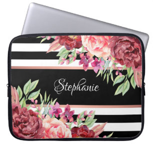 Burgundy Blush Floral Black Stripes Personalised Laptop Sleeve