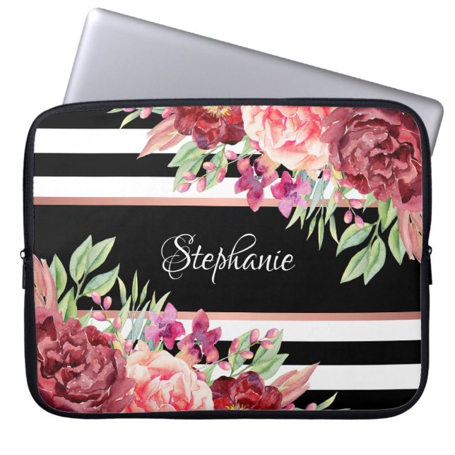 Burgundy Blush Floral Black Stripes Personalised Laptop Sleeve (Front)