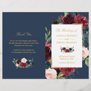 Burgundy Blush Floral Blue Folded Wedding Program