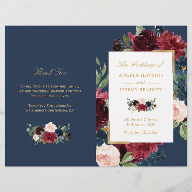 Burgundy Blush Floral Blue Folded Wedding Program (Front)