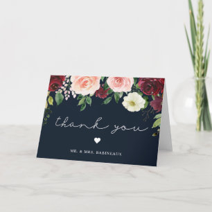 Burgundy Blush Floral Blue Wedding Thank You Card