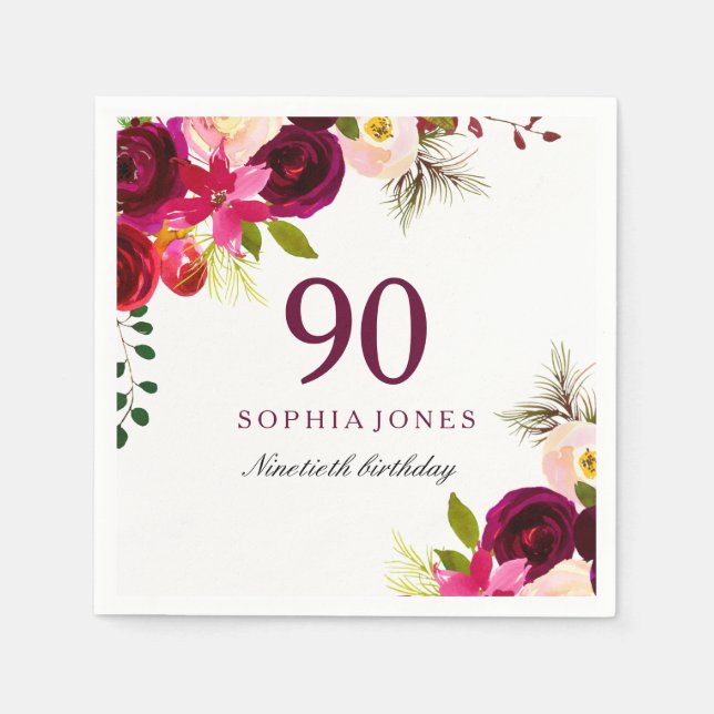 Burgundy Blush Floral Boho 90th Birthday Party Napkin (Front)