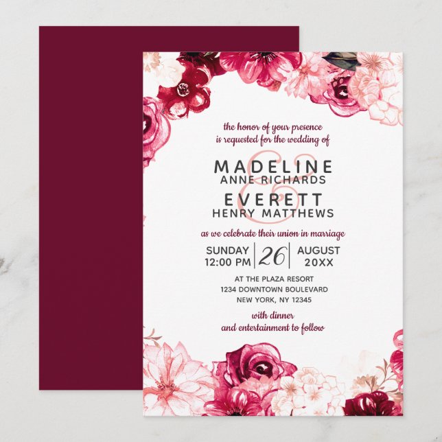 Burgundy & Blush Floral Border Wedding Invitations (Front/Back)