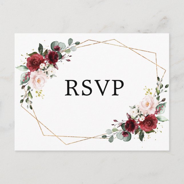 Burgundy Blush Floral Botanical Geometric RSVP Postcard (Front)
