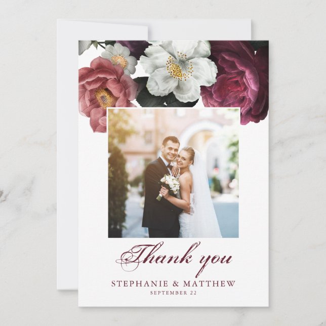 Burgundy Blush Floral Botanical Photo Wedding Thank You Card (Front)