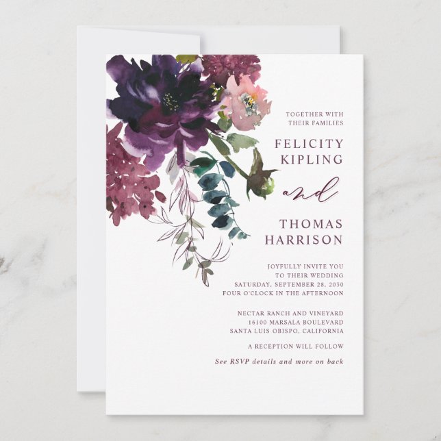 Burgundy & Blush Floral Botanical Winery Wedding Invitation (Front)