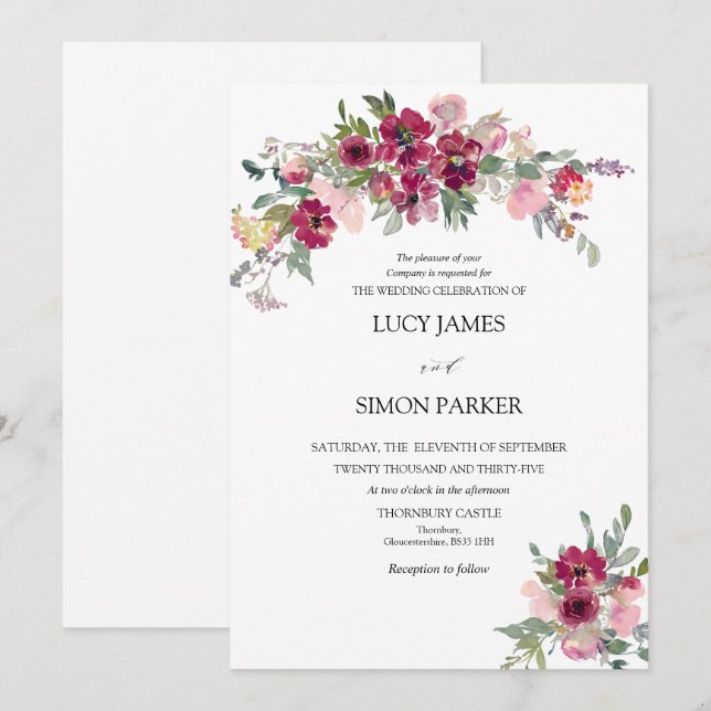 Burgundy Blush floral bouquet Wedding Invitation (Front/Back)