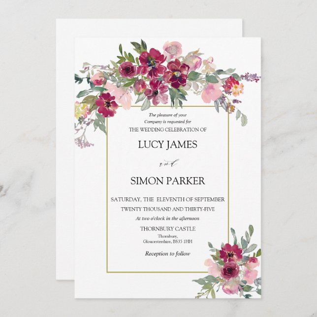 Burgundy Blush floral bouquet with gold frame Invitation (Front/Back)
