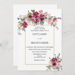 Burgundy Blush floral bouquet with gold frame Invitation