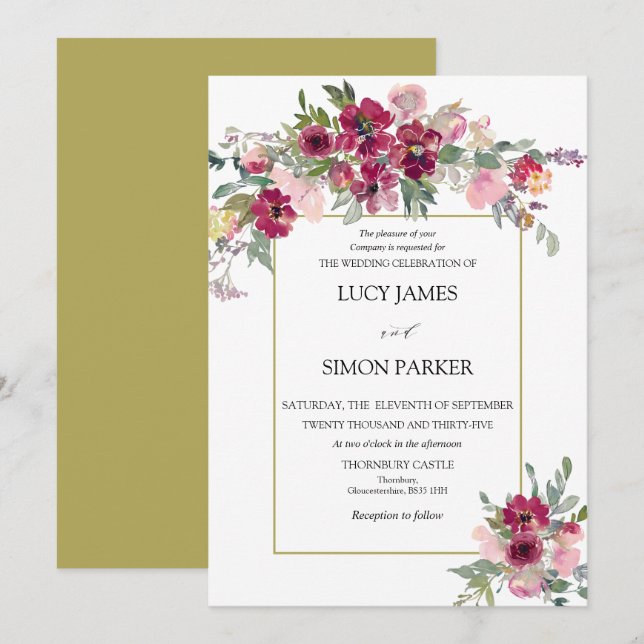 Burgundy Blush floral bouquet with gold frame  Invitation (Front/Back)