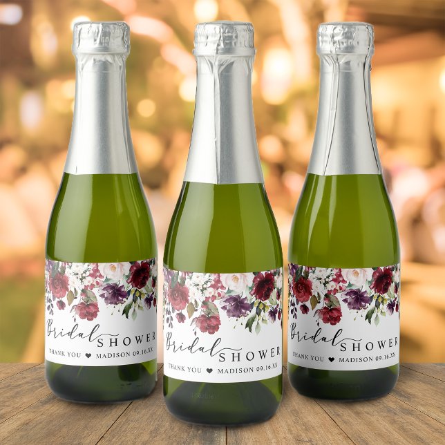 Burgundy Blush Floral Bridal Shower Favour Sparkling Wine Label (Burgundy Blush Floral Bridal Shower Favor Sparkling Wine Label)