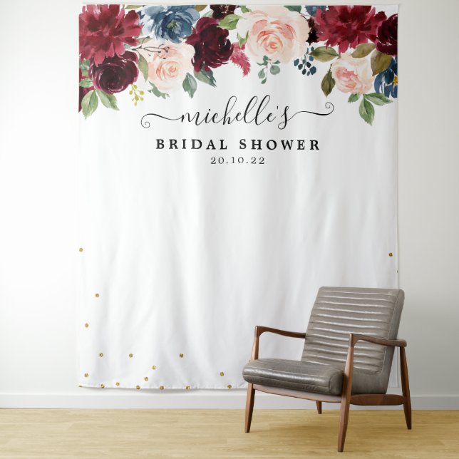 Burgundy Blush Floral Bridal shower Photo Backdrop Tapestry (In Situ)