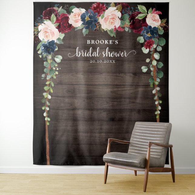Burgundy Blush Floral Bridal shower Photo Backdrop Tapestry (In Situ)