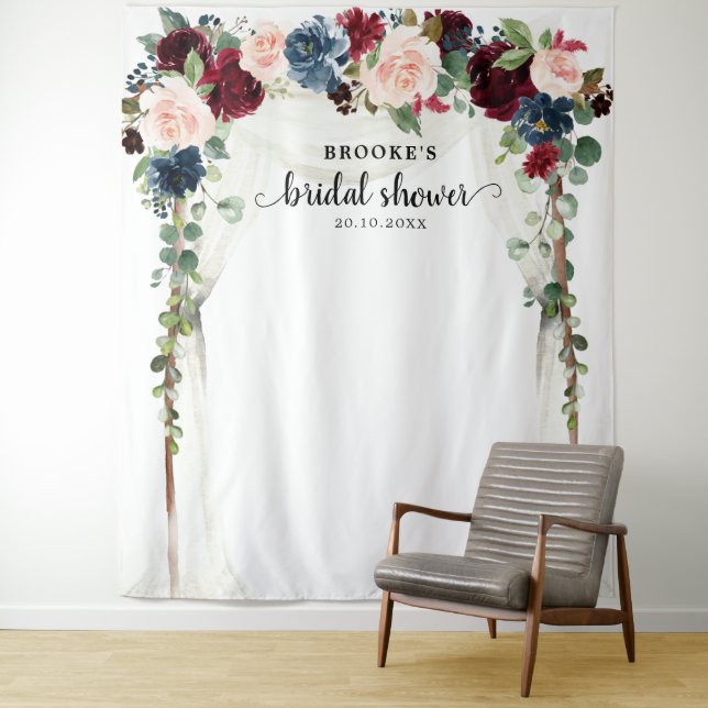 Burgundy Blush Floral Bridal shower Photo Backdrop Tapestry (In Situ)