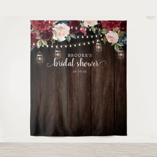 Burgundy Blush Floral Bridal shower Photo Backdrop Tapestry (Front)