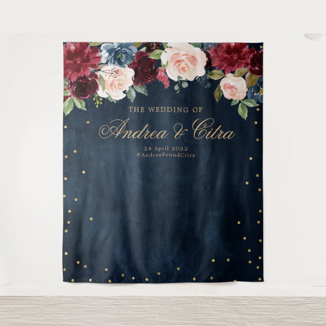 Burgundy Blush Floral Bridal shower Photo Backdrop Tapestry (Front)