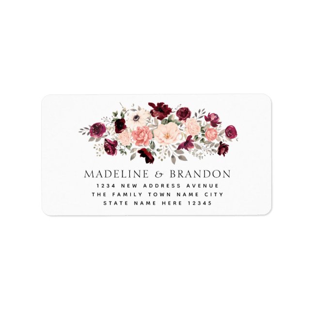 Burgundy Blush Floral Bride & Groom Address Label (Front)